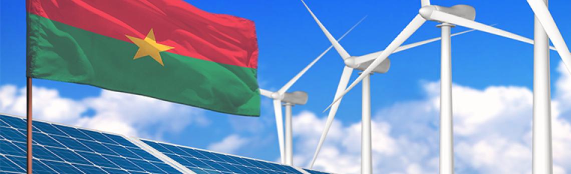 Flag of Burkina Faso, solar panels and windmills Gettyistock_Bydancing man image