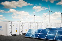 energy storage, solar panels, wind turbines by Getty images